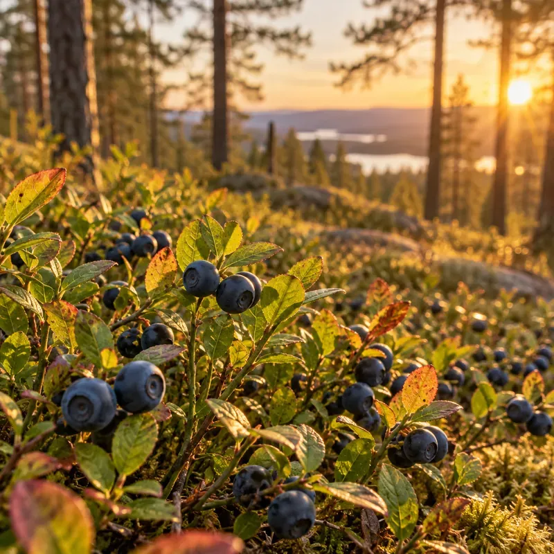 Blåbärsris i kvällsljus