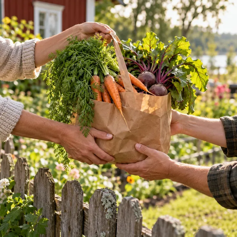 En påse nyskördade grönsaker lämnas över vid ett staket
