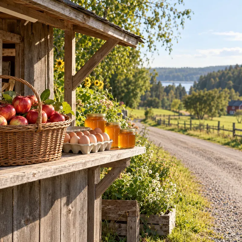 Ett vägstånd med äpplen och ägg vid en grusväg